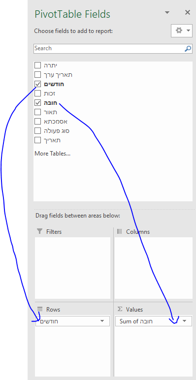 שימוש ב Pivot table בשביל ללמוד מהן ההוצאות החודשיות