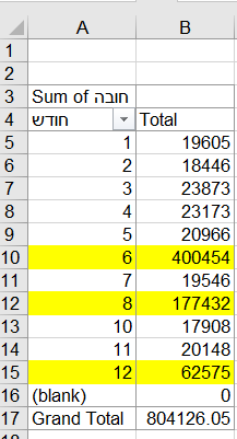 חישוב ההוצאות החודשיות בעזרת Pivot table
